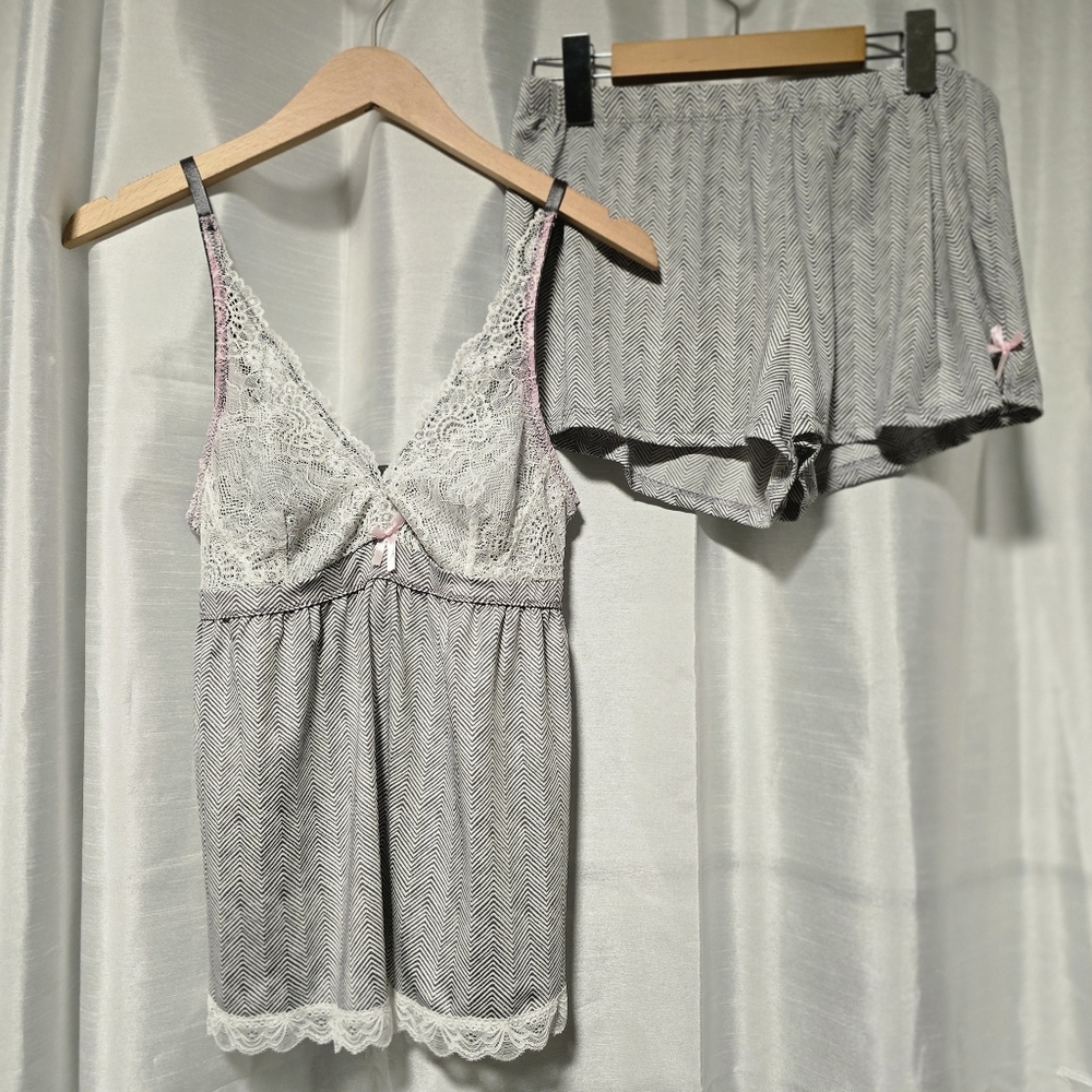 Laura Ashley Grey And White With Pink Lace Cami and Shorts Pajama Set